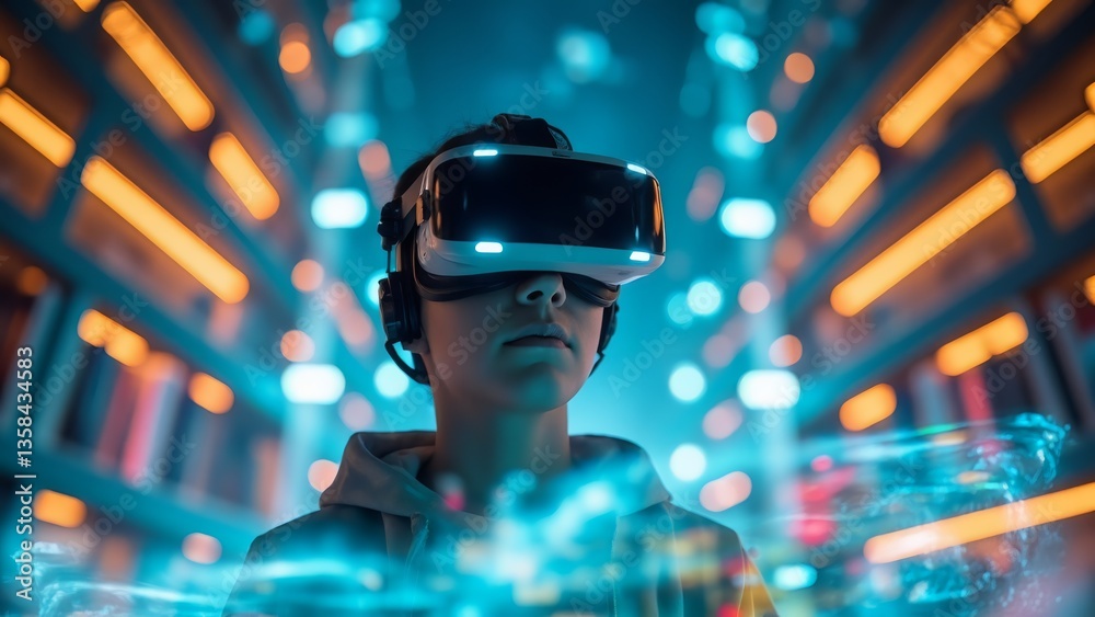 Virtual reality experience in a futuristic environment with glowing lights and high-tech visuals Virtual reality experience in a futuristic environment with glowing lights and high-tech visuals