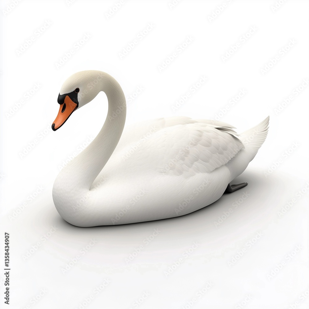 Fototapeta premium The image showcases a detailed digital rendering of a white swan. The swan is presented in a three-quarter view, its body oriented slightly to the left, head turned slightly towards the viewer. The