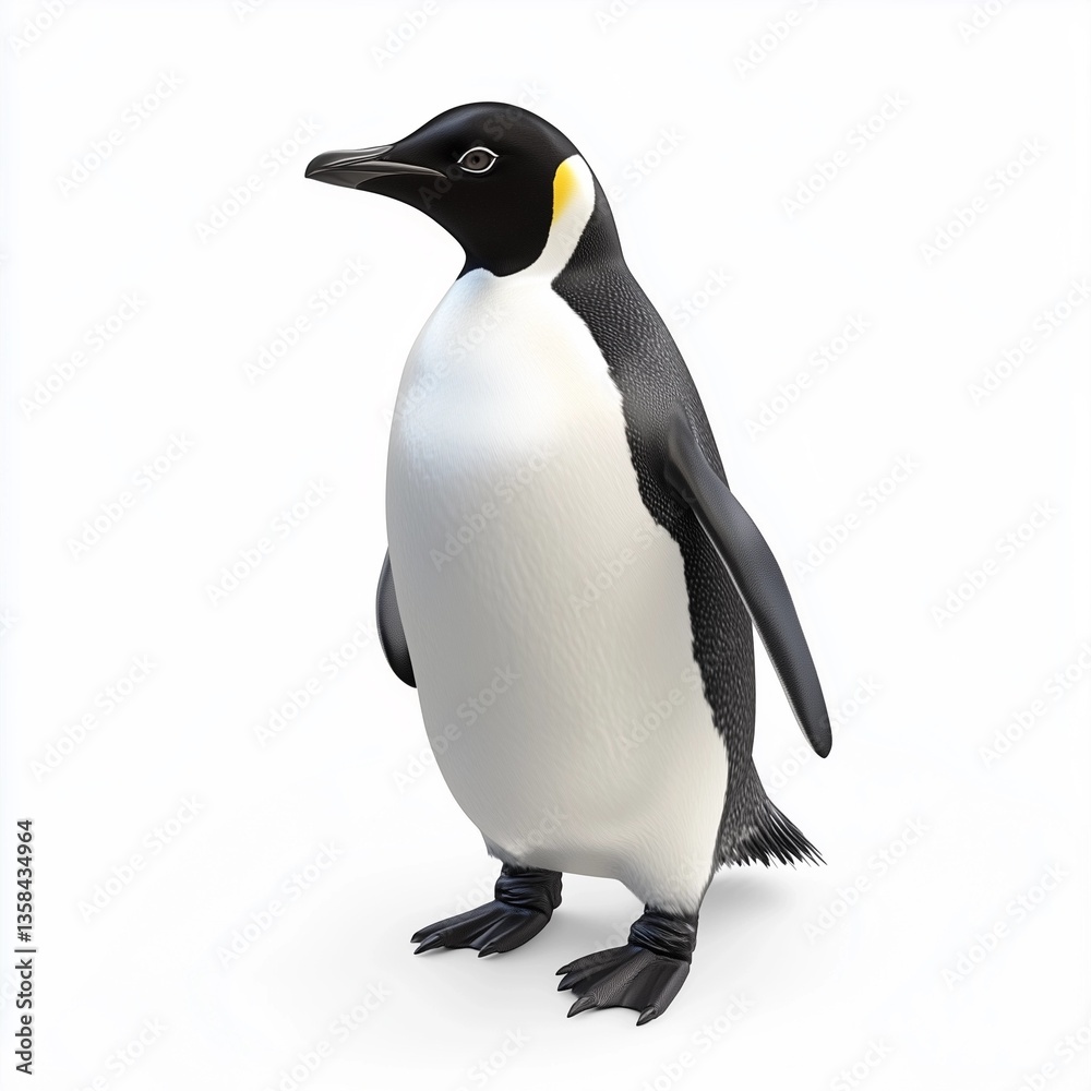 Fototapeta premium A full-body profile view of an emperor penguin against a pure white background. The penguin is rendered in high detail, showcasing its characteristic black and white plumage. The image exhibits