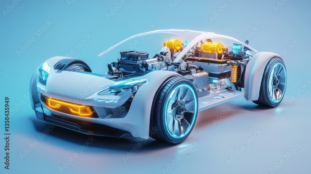 Electric car's inner workings. Detailed view of engine, battery, and components Electric car's inner workings. Detailed view of engine, battery, and components
