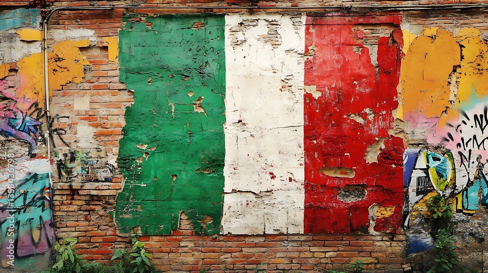 Naklejka premium Decayed and weathered wall painted with flag and graffiti