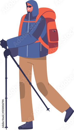 Backpacker sportsman trekking with poles
