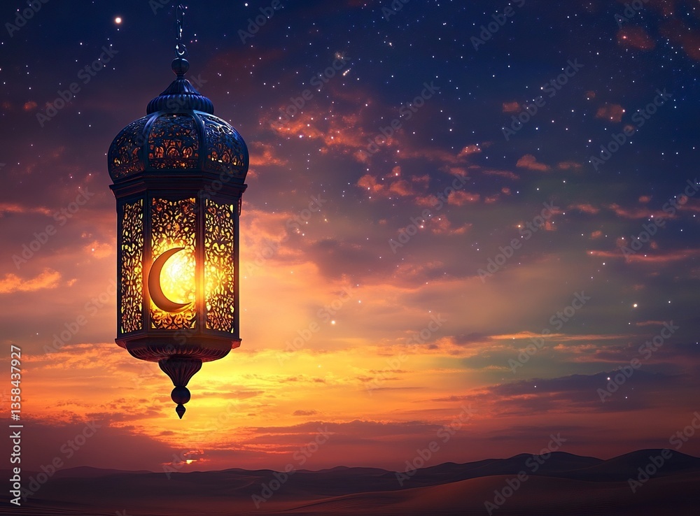 Obraz premium An Islamic Ramadan lantern with a crescent moon design illuminating the night sky, symbolizing thousands of years of celebration and joy, with space for text or a picture. A beautiful desert backgroun