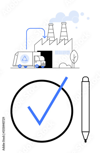 Waste recycling truck unloading at factory with chimneys, large checkmark, and pen symbolizing sustainability, verification, and workflow management. Ideal for eco practices, recycling, green