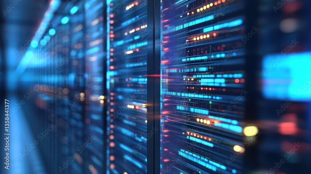 Naklejka premium Illuminated servers, a colorful glimpse into the heart of modern data center servers