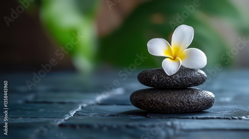 Serene white flower on black stone, a study in contrast, meditation and natural beauty in zen garden decoration