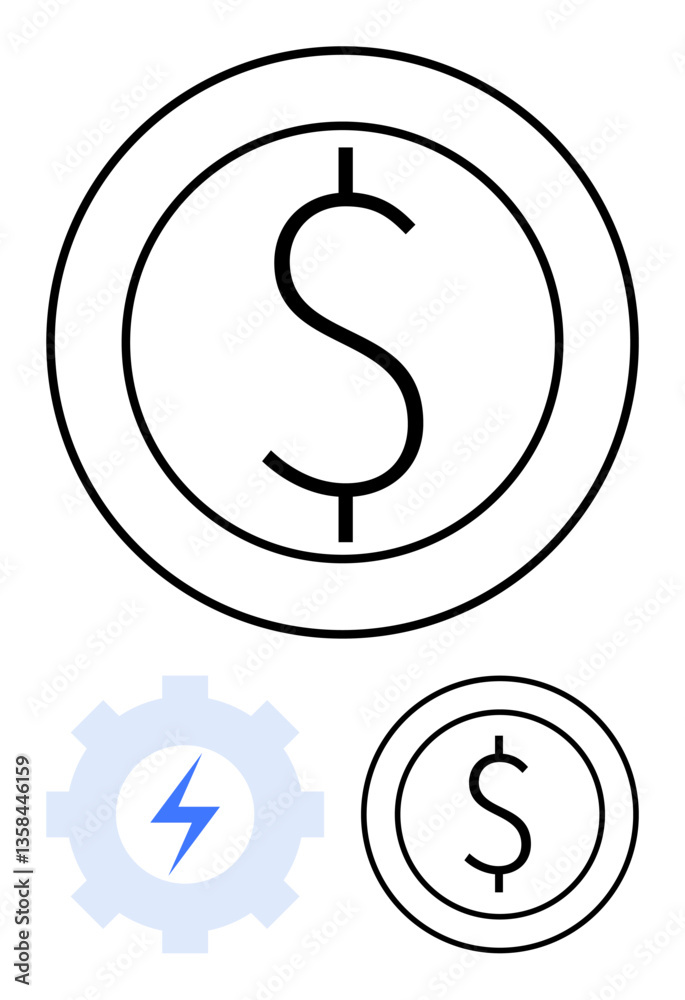 Large dollar coin symbol alongside a gear with a lightning bolt inside. Ideal for finance, innovation, savings, efficiency, technology, investment, automation. Flat simple metaphor Large dollar coin symbol alongside a gear with a lightning bolt inside. Ideal for finance, innovation, savings, efficiency, technology, investment, automation. Flat simple metaphor