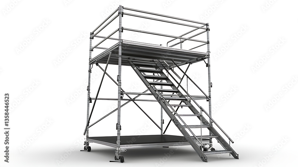 Detailed Metal Scaffolding Structure with Staircase on a White Background for Industrial Construction Works Detailed Metal Scaffolding Structure with Staircase on a White Background for Industrial Construction Works