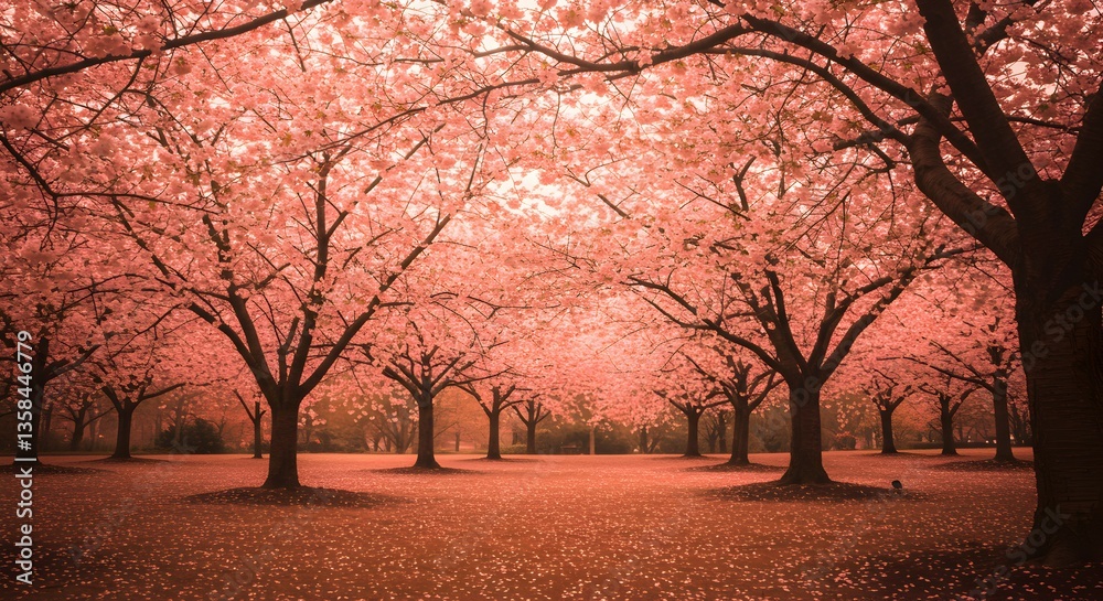 Fototapeta premium Cherry Blossom Trees Blooming in Park During Springtime Peaceful Landscape