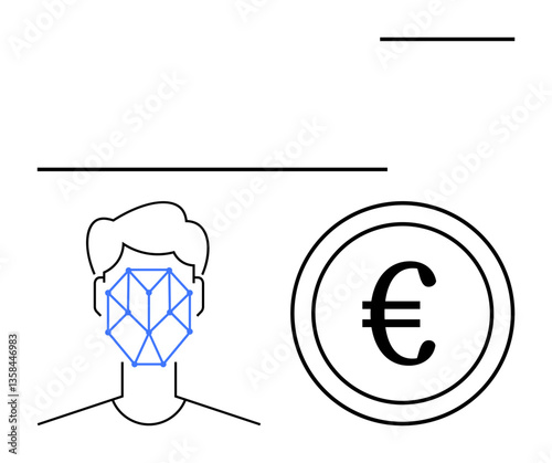 Geometric face map identifies a person digitally while Euro symbol implies monetary value or financial transactions. Ideal for technology, AI, security, identity, finances, biometrics, future