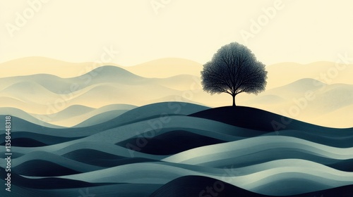 Lone tree on hilltop, misty sunrise, rolling hills, peaceful landscape, nature background