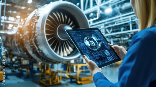 Engineer inspecting jet engine with digital tablet