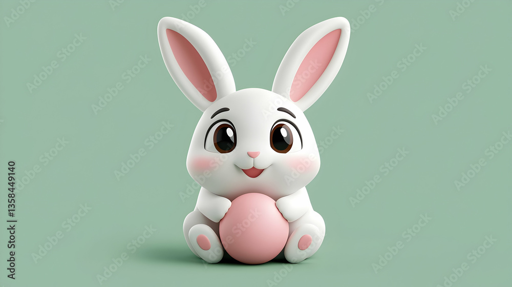 Fototapeta premium Adorable White Easter Bunny Holding Pink Egg on Green Background