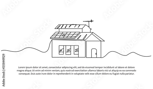 Continuous one line design of a house with solar panel. Minimalist style vector illustration on white background.