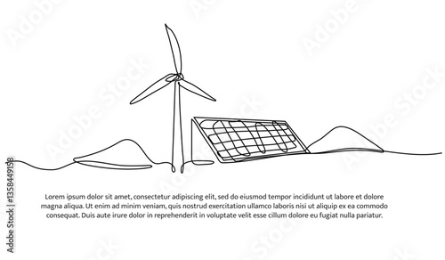 Continuous one line design of wind turbine and solar panel. Minimalist style vector illustration on white background.