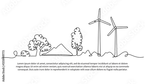 Continuous one line design of wind turbines and trees. Minimalist style vector illustration on white background.