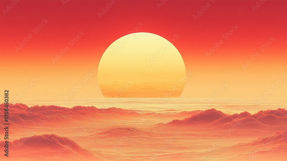 Obraz premium Red sun setting over hazy, mountainous landscape; fantasy, artwork