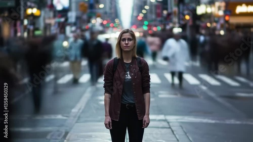 Young woman standing still in busy city street during daytime amid rushing pedestrians and traffic