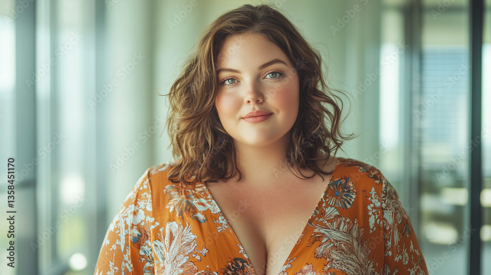 plus size confident woman in floral dress smiling indoors, corporate persona portrait headshot plus size confident woman in floral dress smiling indoors, corporate persona portrait headshot