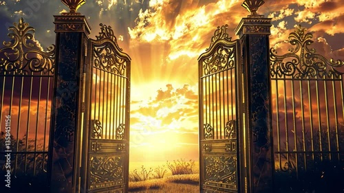 Golden gates open to breathtaking sunset, illuminating sky and clouds with vibrant light, creating serene landscape that evokes tranquility and wonder on horizon.