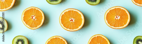 Vibrant citrus and kiwi slices arranged on a pastel background photo
