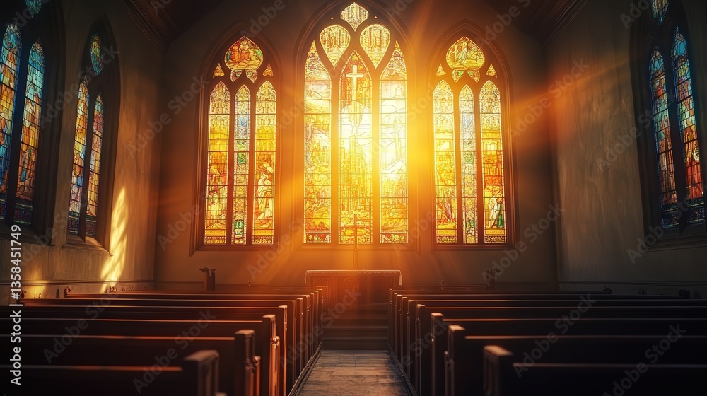 Fototapeta premium stained glass window in a Christian church, bathed in the warm glow of morning sunlight, with intricate patterns and religious imagery.