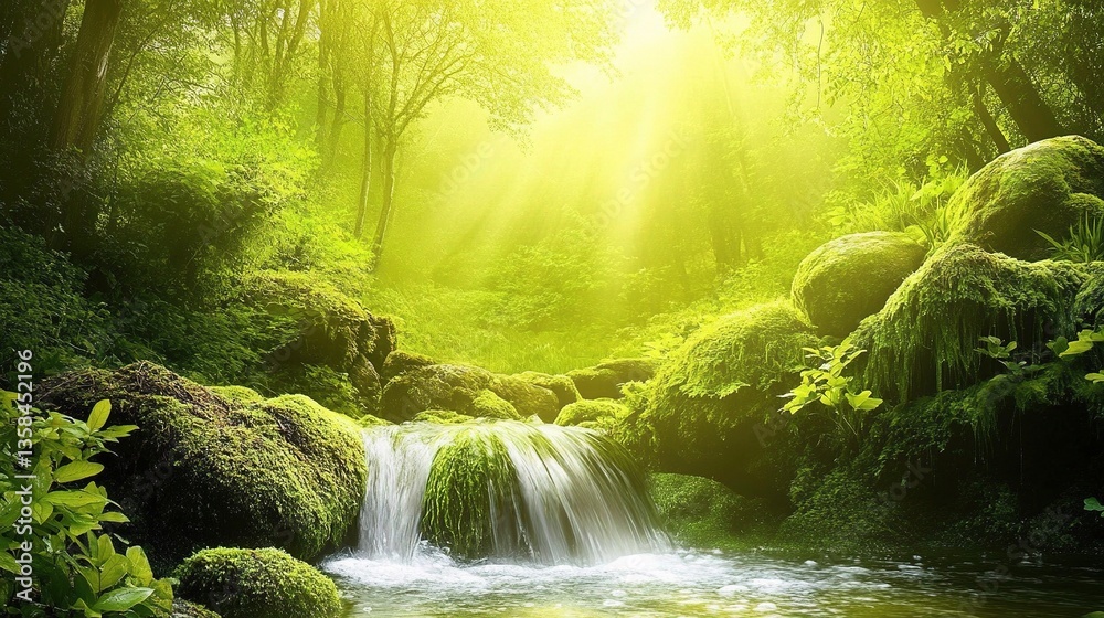 Fototapeta premium Serene Spring Forest with Crystal Clear Waterflow in Nature