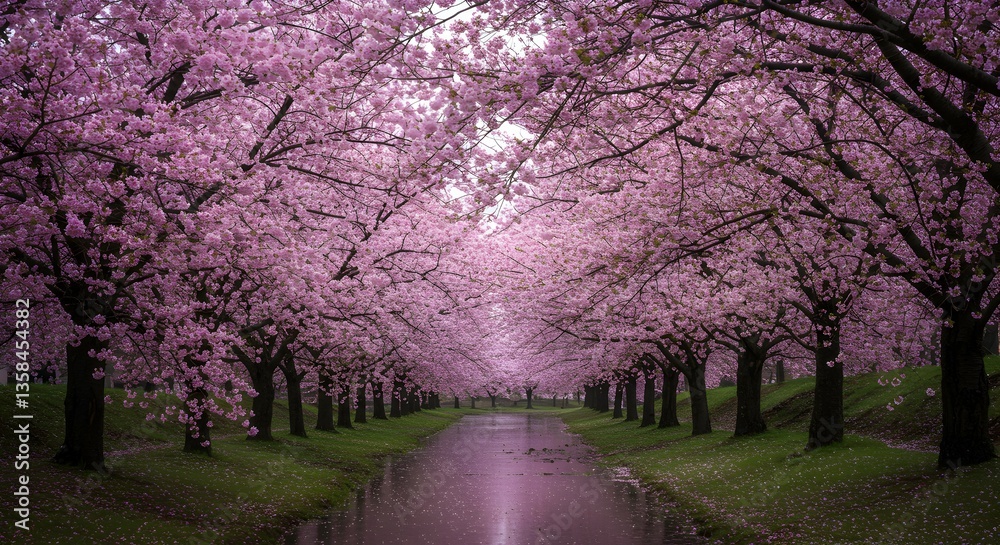 Fototapeta premium Walking Under Pink Blossom Trees Along Canal in Springtime Serenity