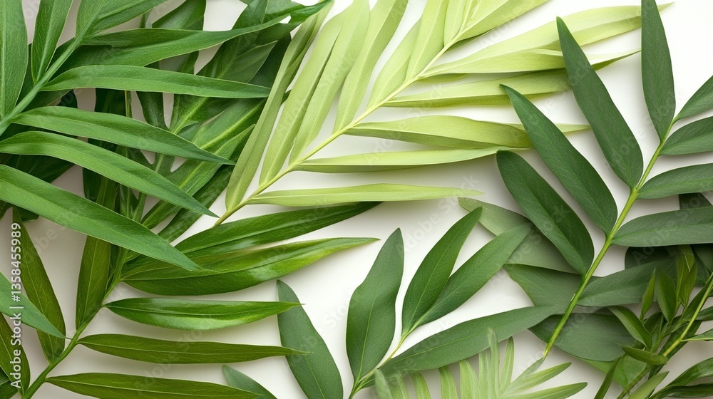 Fototapeta premium Lush green tropical palm leaves arranged on white background.
