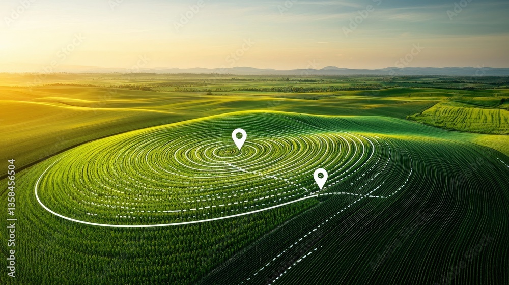 An expansive farm field with drones flying overhead and a pin marking precision farming An expansive farm field with drones flying overhead and a pin marking precision farming