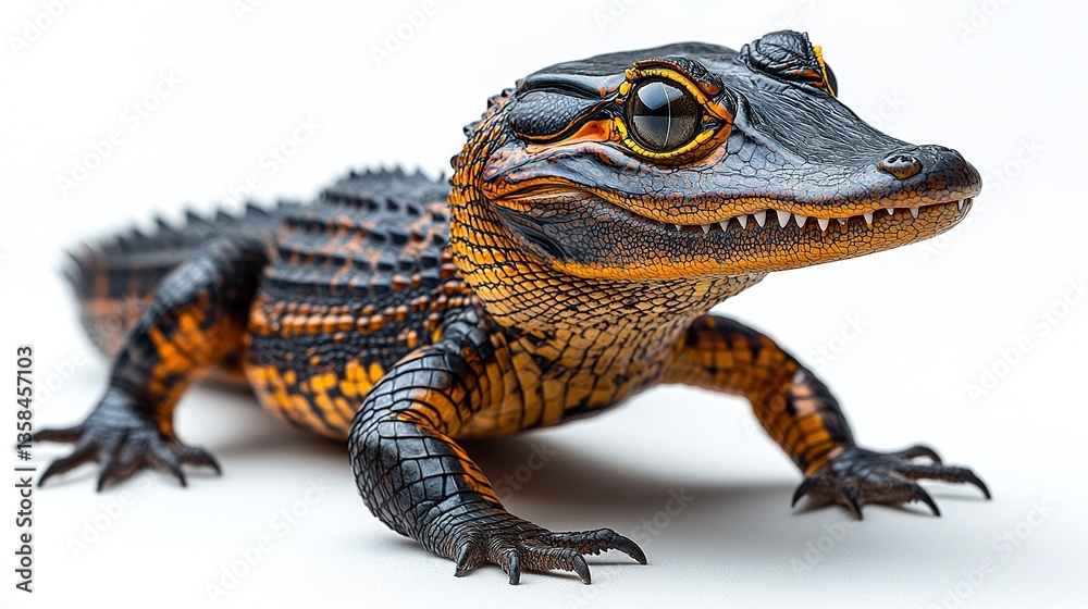 Naklejka premium The compact form of a Dwarf Crocodile, tail slightly curled and head raised. Clean white background isolates its distinctive features. Studio-lit, photoreal clarity 
