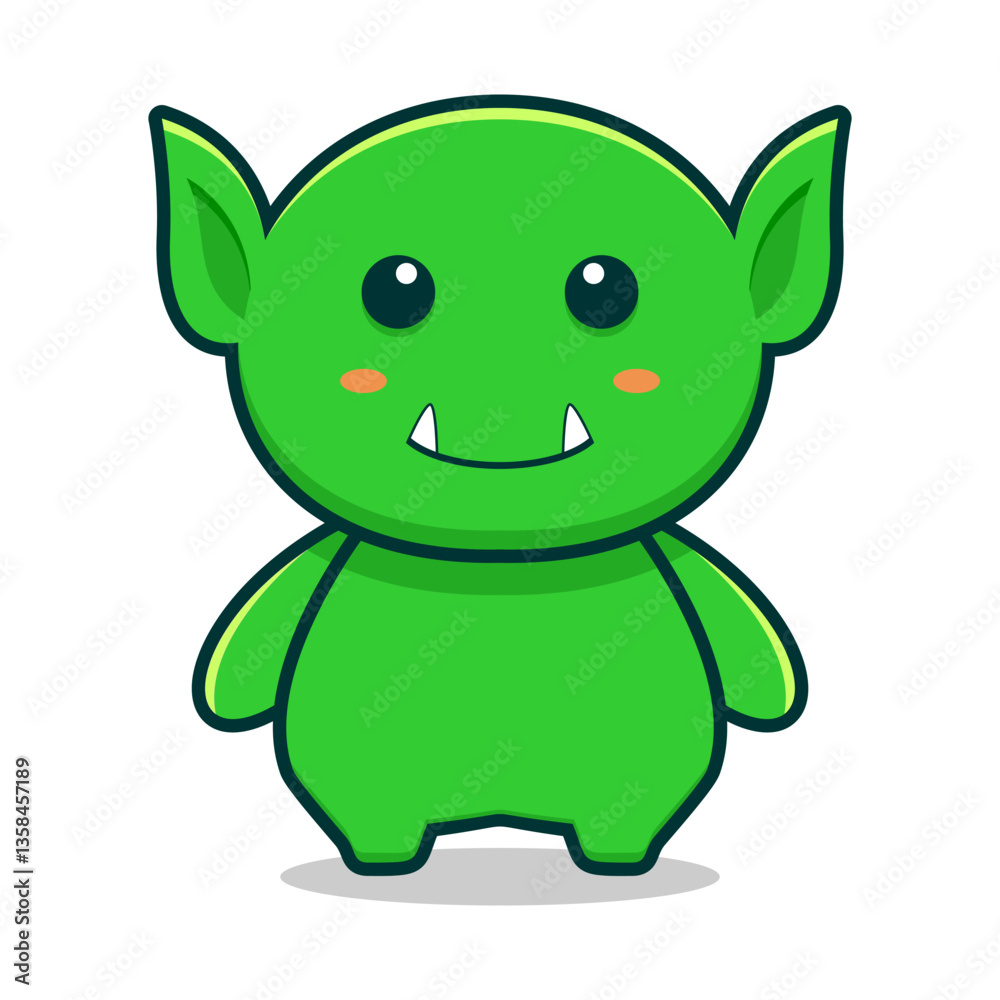 A chibi style green goblin with big eyes, pointy ears, small fangs, and a cheerful smile. Designed with bold outlines and bright colors, perfect for mascots, stickers or kid's designs. A chibi style green goblin with big eyes, pointy ears, small fangs, and a cheerful smile. Designed with bold outlines and bright colors, perfect for mascots, stickers or kid's designs.