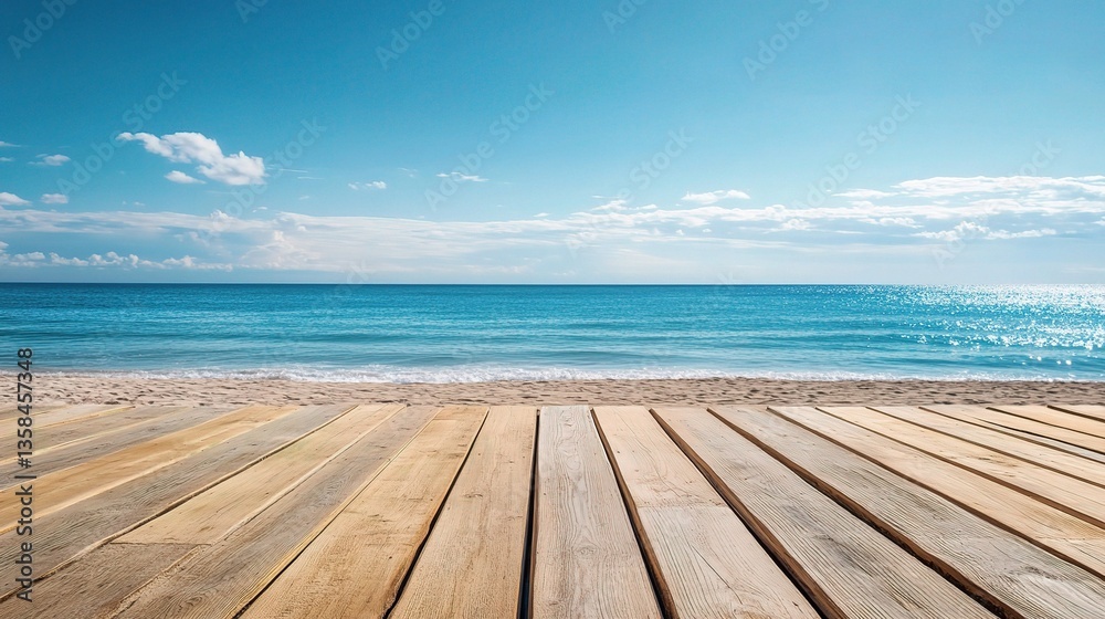 Fototapeta premium Wooden Plank Floor by Sandy Beach Under Bright Summer Sky