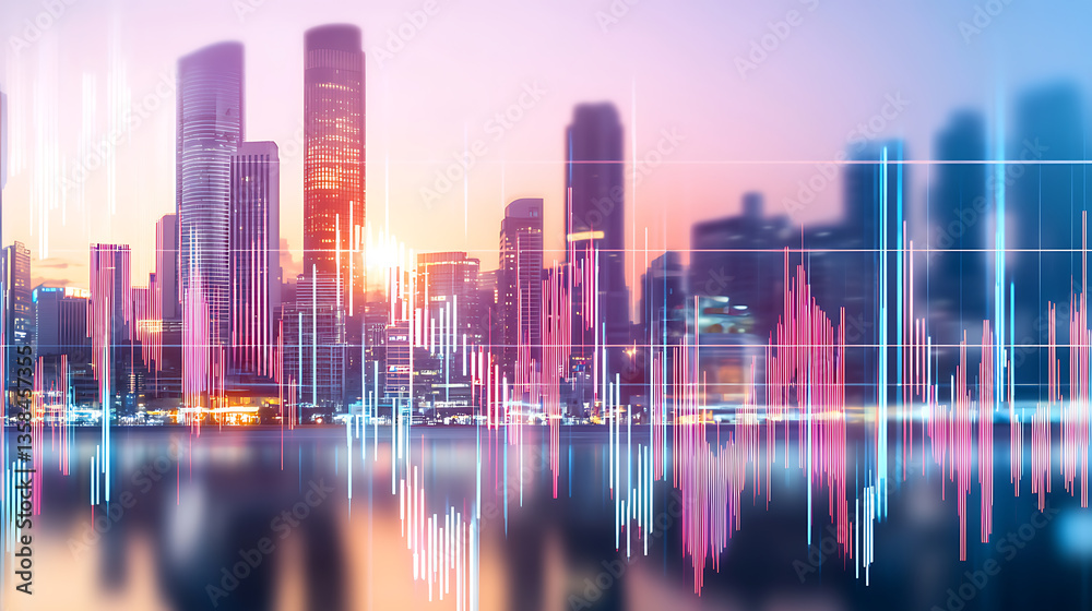 Fototapeta premium Dynamic city skyline at sunset with audio waveform visualization urban environment digital art concept