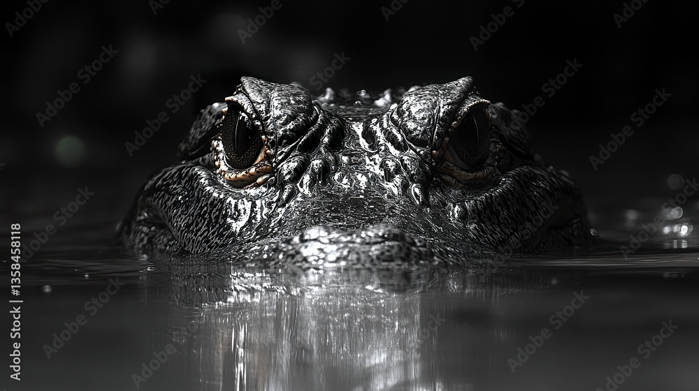 Fototapeta premium The powerful frame of a swimming alligator dominates the scene, its unblinking eyes fixed forward. Smooth water reflects its shadowy form. 