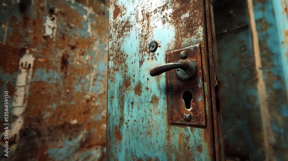 rusted metal door hanging ajar in an old, deserted building downtown. rusted metal door hanging ajar in an old, deserted building downtown.