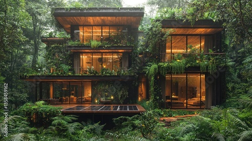 Modern eco-friendly house nestled in lush rainforest.