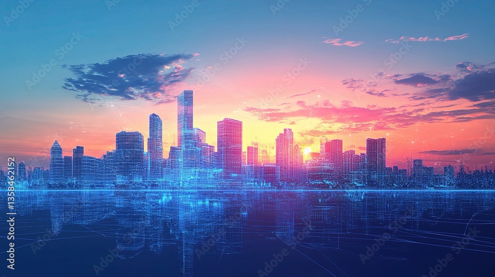 Fototapeta premium Modern Urban Wireframe Architecture Design Visualization at Sunset