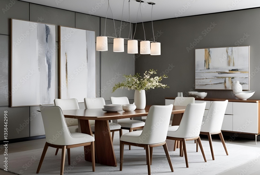 Fototapeta premium Modern Dining Room with Elegant White Chairs & Wooden Table – Luxury Interior Design