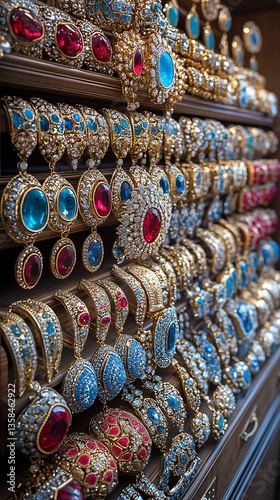 A display featuring various ornate and bejeweled necklaces and earrings