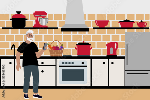 Grey haired man using smartphone to find a recipe on the Internet getting ready to cook dinner 