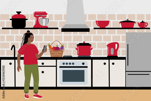 Young woman holding smartphone, looking for a recipe on the Internet getting ready to cook dinner 