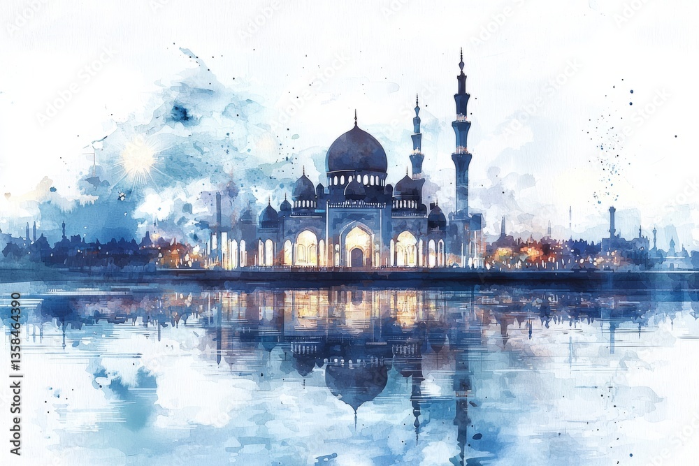 Fototapeta premium watercolor painting of a peaceful mosque at midnight, mirrored softly in a tranquil lake. The quiet night sky glimmers above, on isolated white background