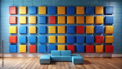 Modern minimalist living space featuring a vibrant colorful wall installation and a light blue sectional sofa