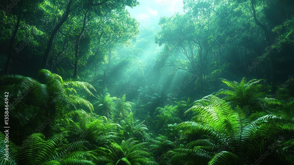 Obraz premium Sunbeams illuminate lush green rainforest with ferns.