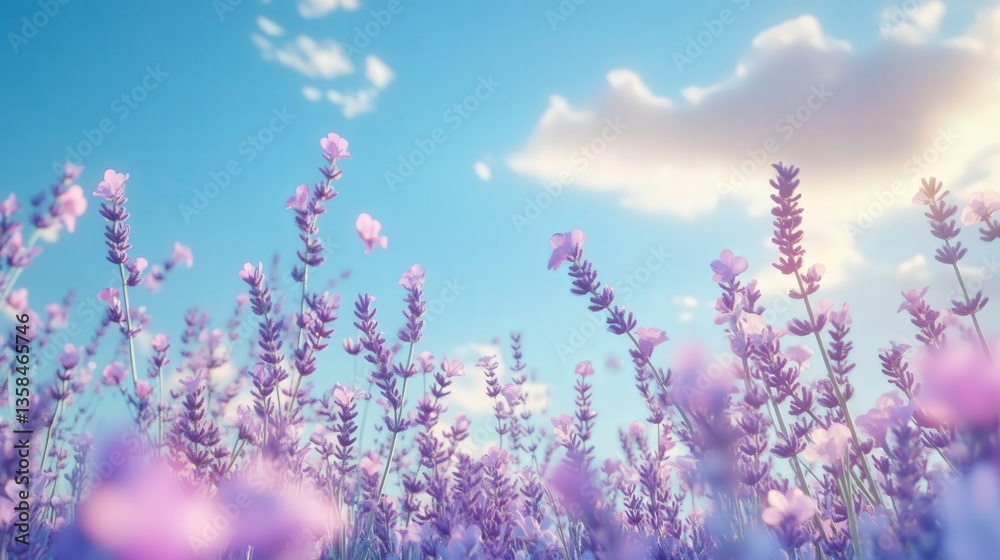 Fototapeta premium lavender flowers swaying gently in the breeze under a radiant summer sky with a few wispy clouds.