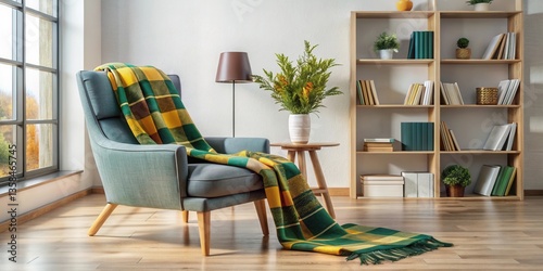 Cozy armchair with a vibrant plaid throw blanket in a sunlit living room