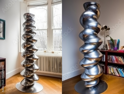 Bookshelf shaped like a DNA helix, high-tech aesthetic, sleek metallic finish 
