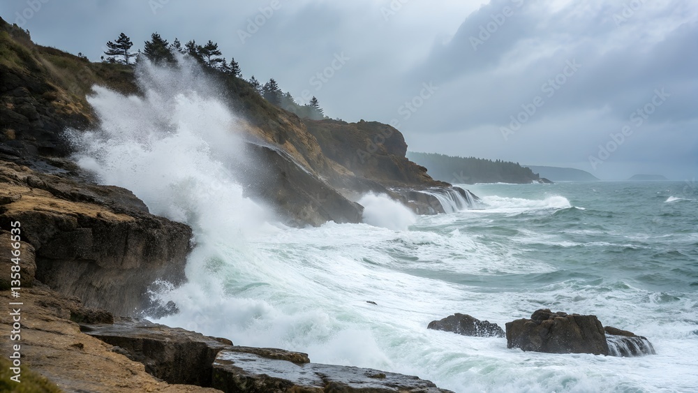 Slow Motion Waves Crashing on a Rocky Cliffside Slow Motion Waves Crashing on a Rocky Cliffside