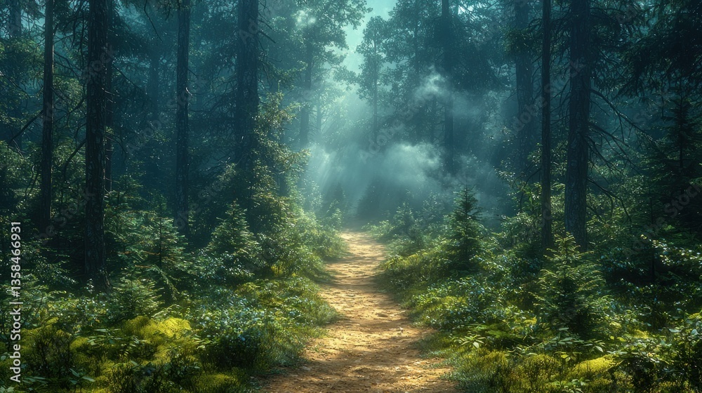Obraz premium Misty forest path leading into sunlit clearing.